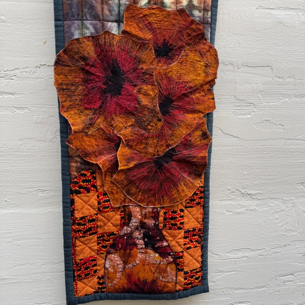 handmade tapestry Quilted Wall Hang Orange Floral Fiber Art Vase Flowers 3D